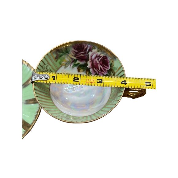 Vintage Royal Sealy Teacup & Saucer Mint Green Gold Iridescent Roses Japan Rare - Picture 8 of 16